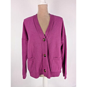 J Jill Cardigan Sweater Large Magenta Pink Three Button Classic Preppy
